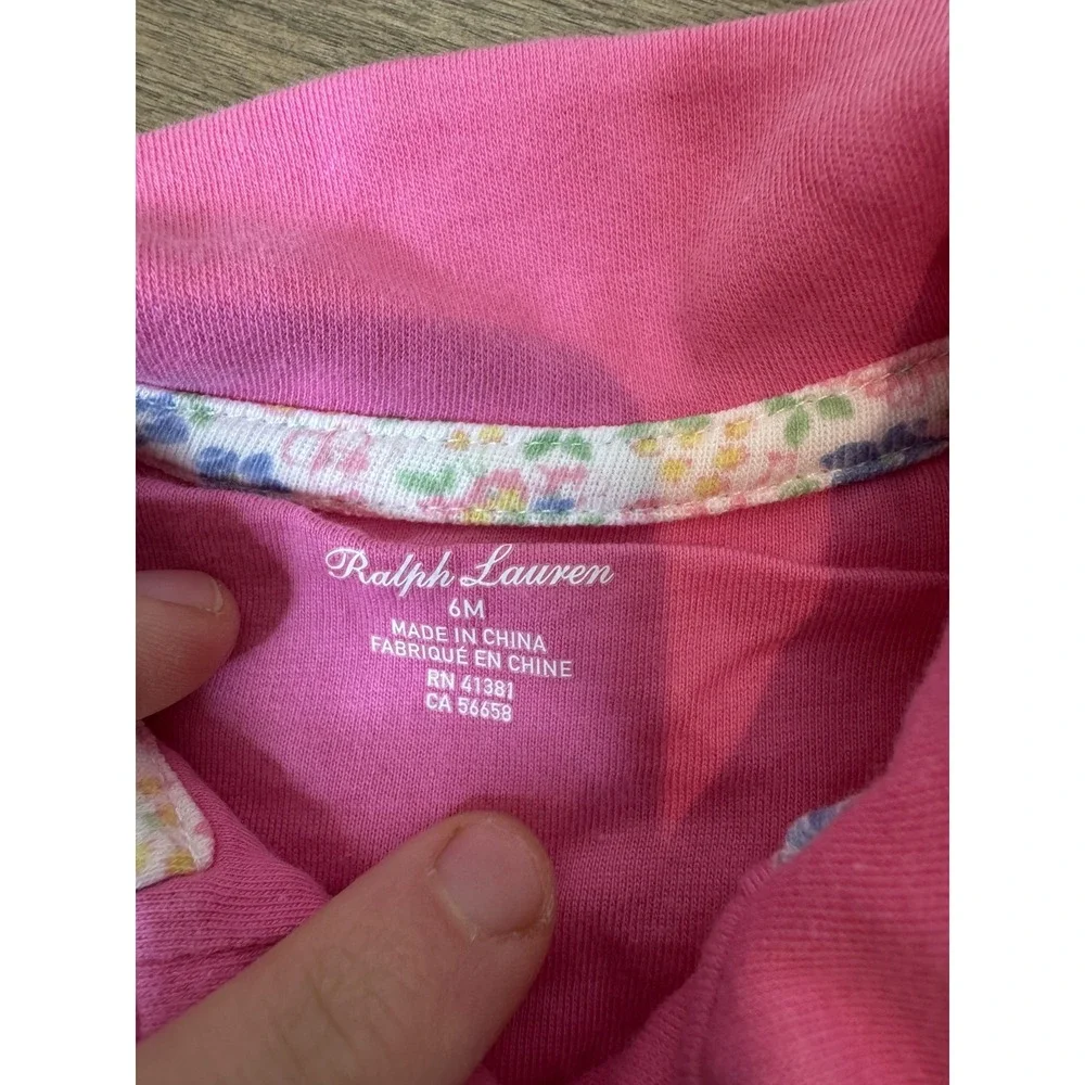 Ralph Lauren Romper Baby Girls 6M Pink Long Sleeve Peter Pan Collar‎ Polo Pony